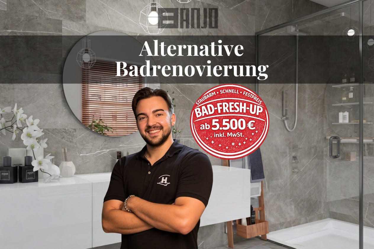 Hofmann Raumwerkstätte Team vor modernem Badezimmer mit Banjo Bad-Fresh-Up Hinweis